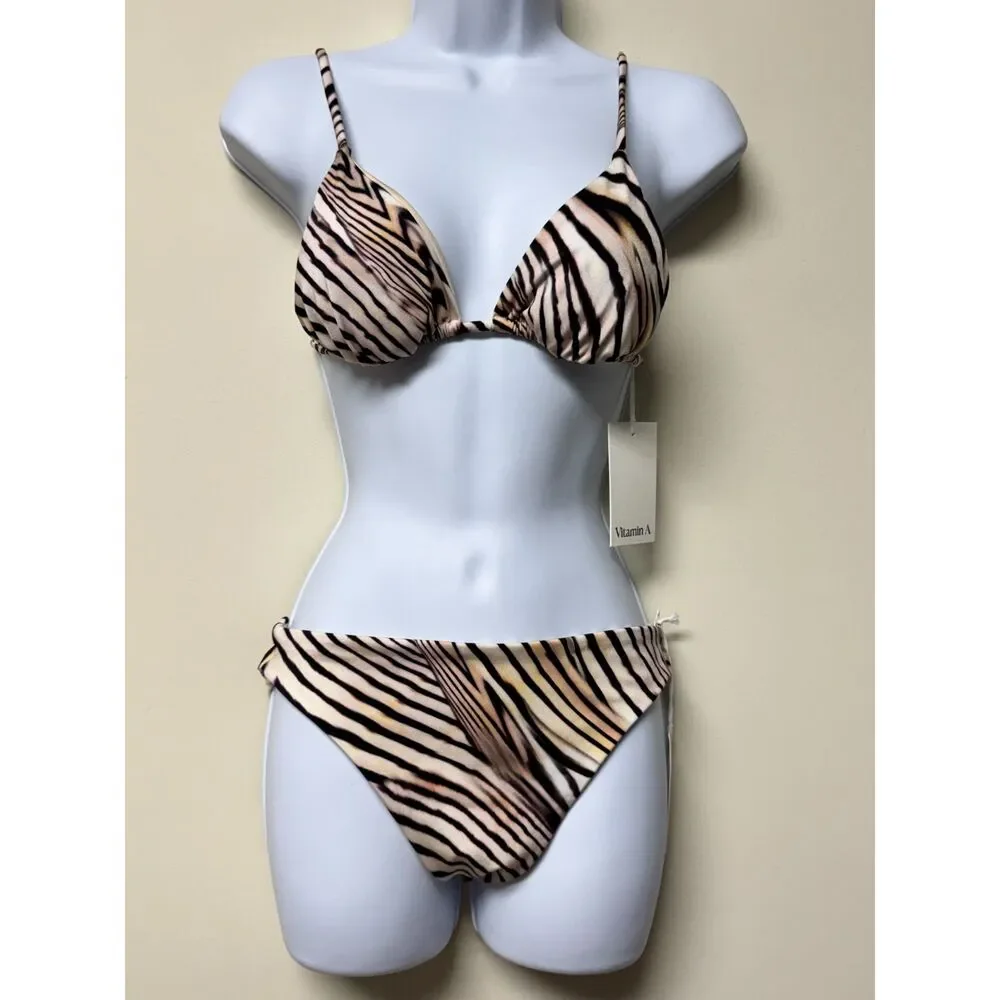 NWT - VITAMIN A Gia Triangle Top Cali High Leg Bottom Shell Stripe Eco Shimmer S